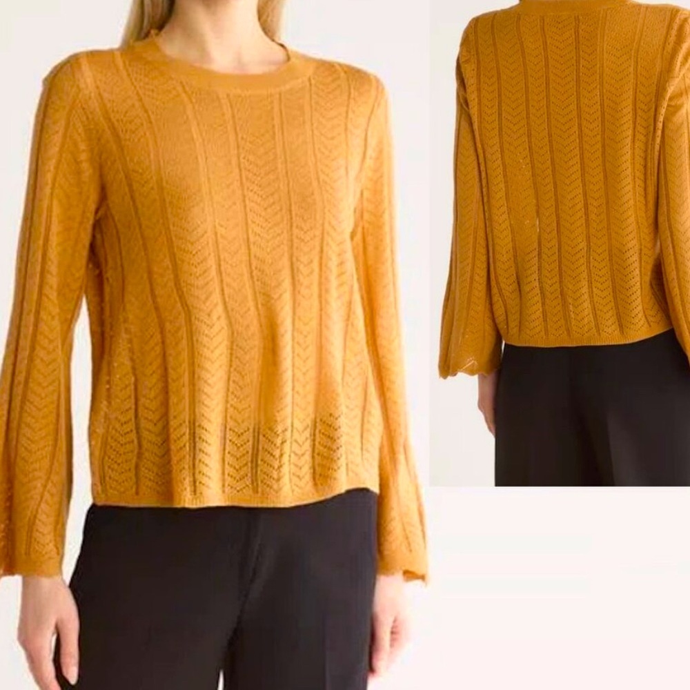 Pointelle Bell Sleeve Knit Adrianna Papell sweater crochet mustard rust L
